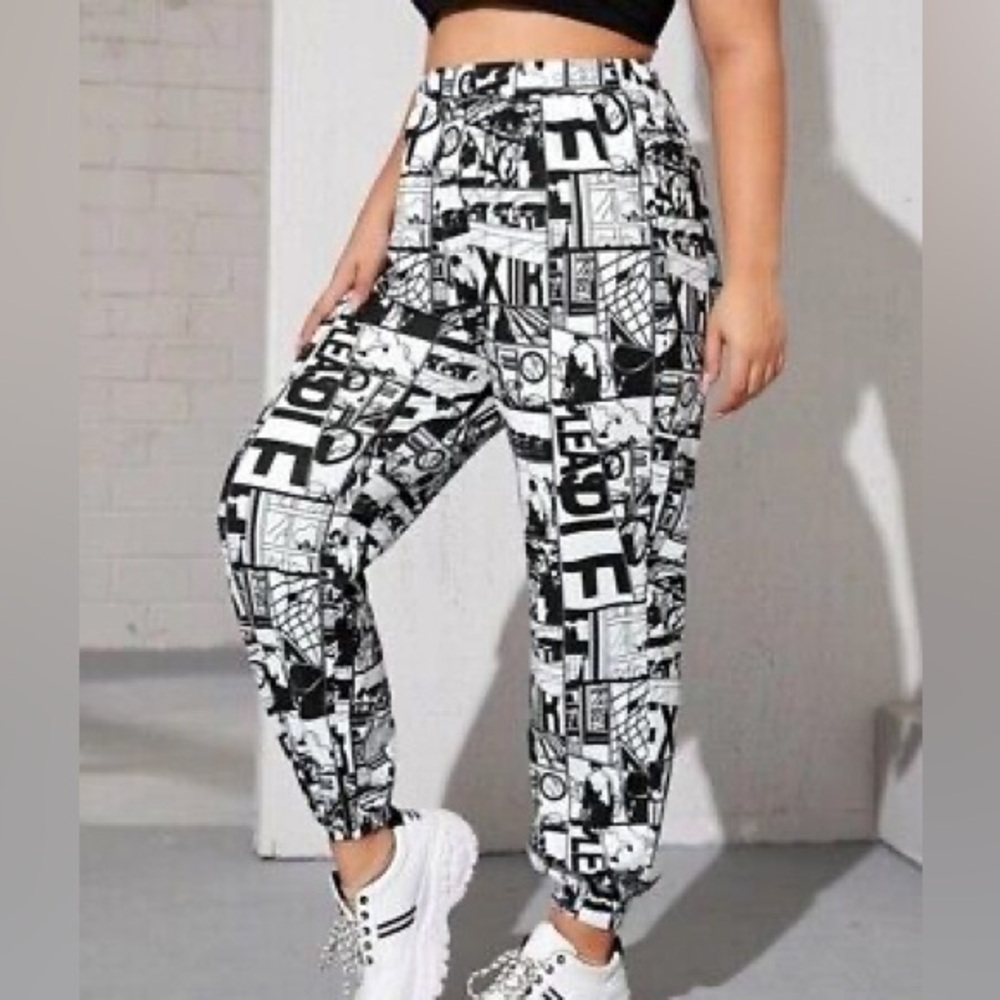 Shein SZ medium Elastic Waist Pop Art Print Pants Black & White